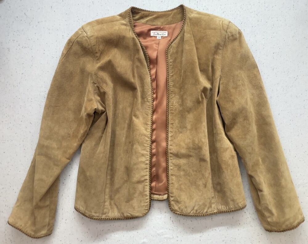 Vintage Talbots Tan Suede Blazer Jacket Womens 12 Open Front Braided Boho 90s